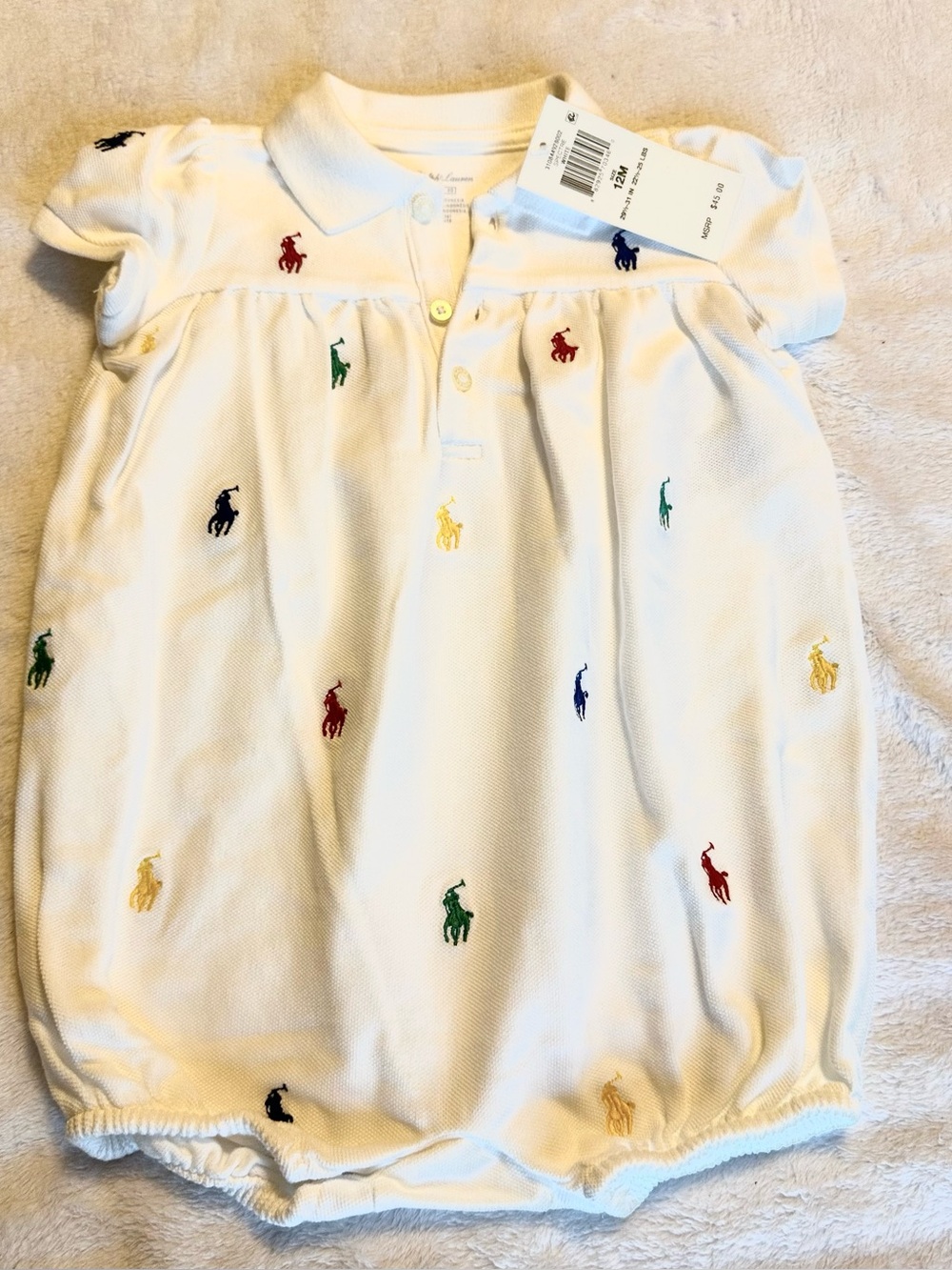 Ralph Lauren White Polo One-Piece with Red, Yellow & Green Pony Embroidery
